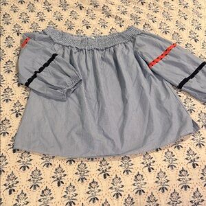 Crown & Ivy Blue Blouse with Red and Black Accents